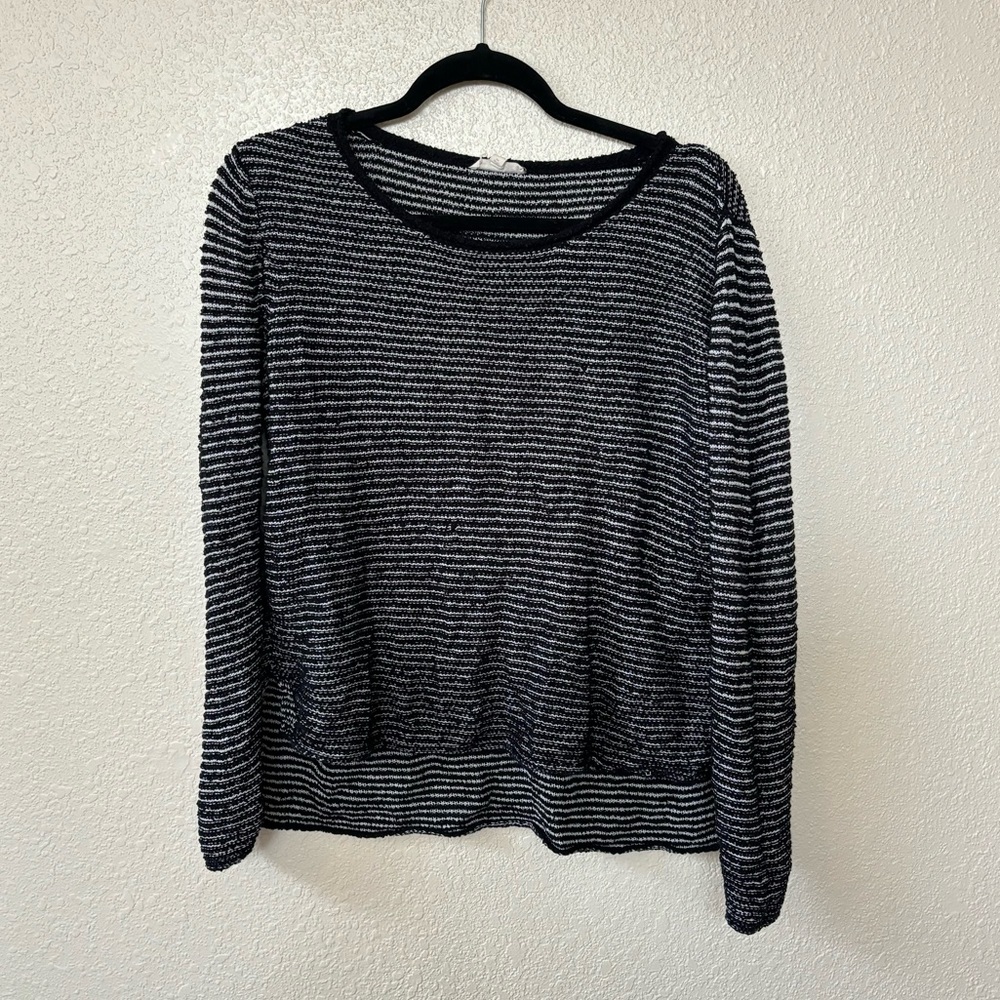 Eileen Fisher Black & White Striped and Textured Wide Scoop Neck Knit Top Small